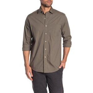 Cole Haan Mens Olive Collar Long Sleeve Woven Button Up Slim Fit Shirt Sz L New